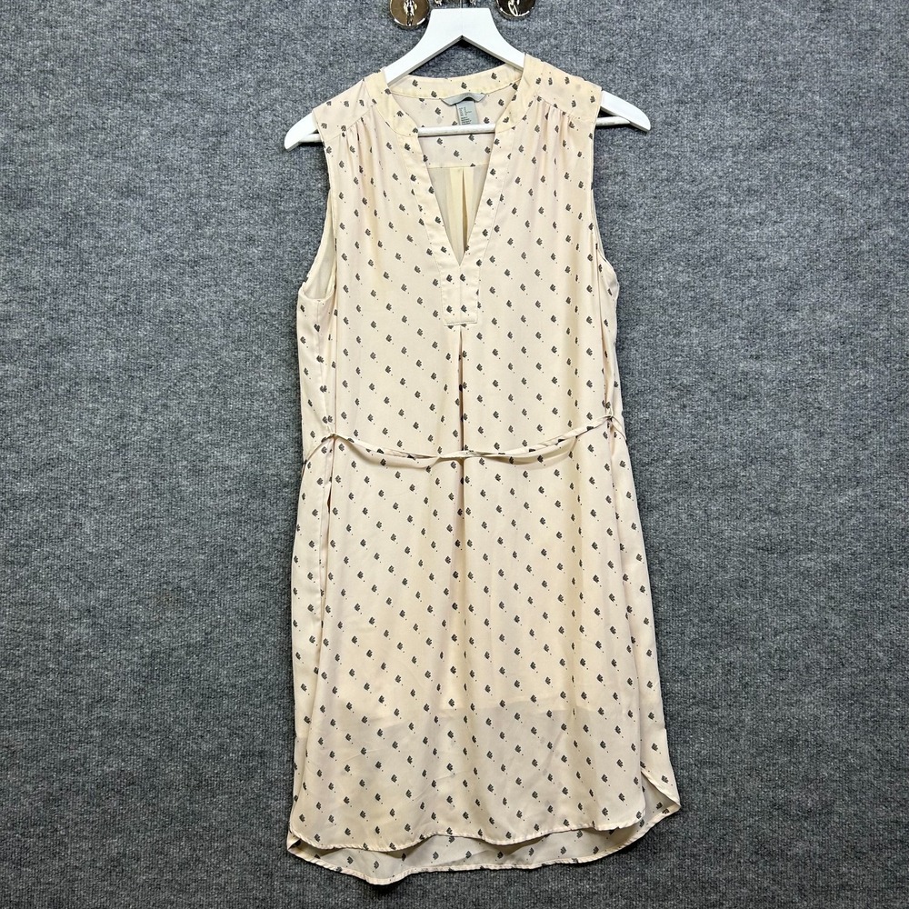 H&M V-Neck Dress Women's Cream Black Leaf Print Belted Sleeveless Tunic - 12
